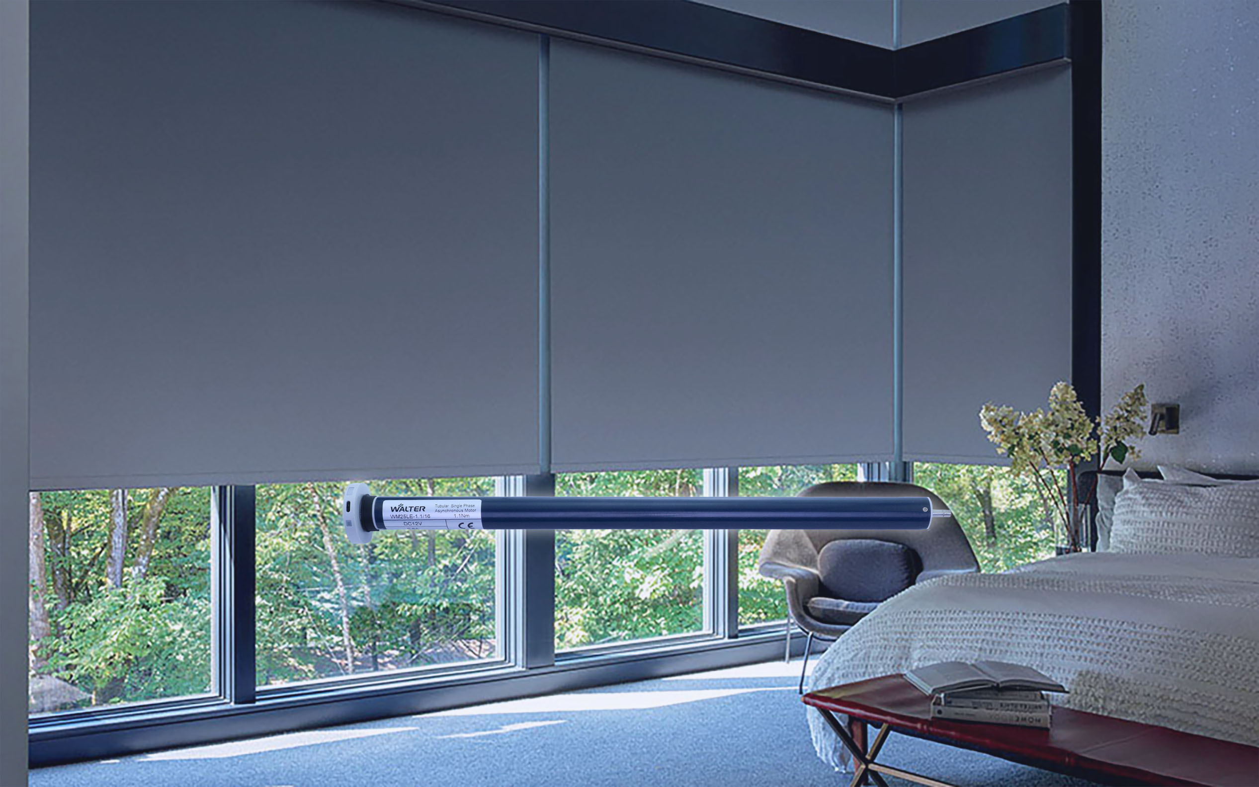 Modern room with gray roller blinds