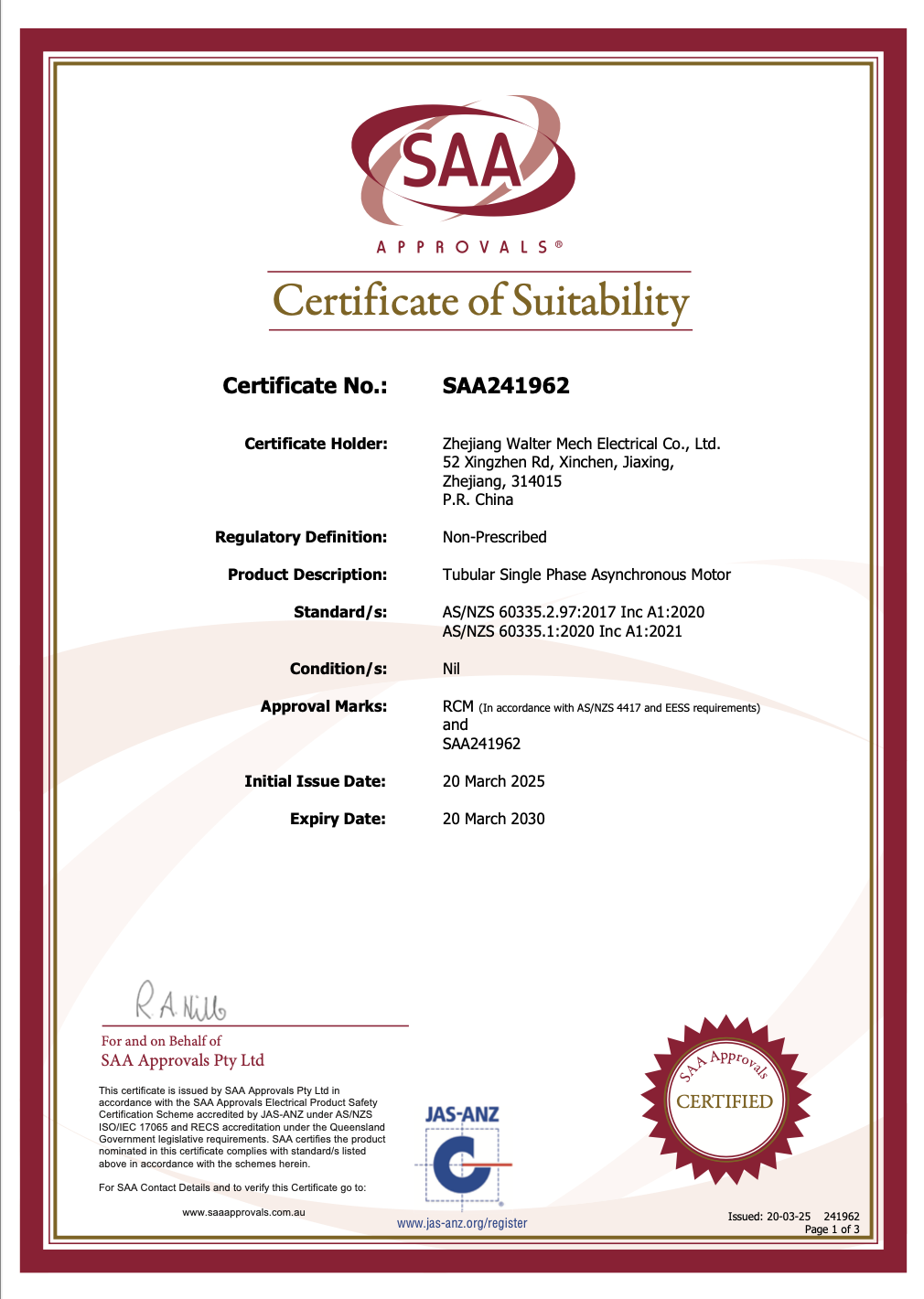 SAA certificate Walter Tubular Motor for Australian market
