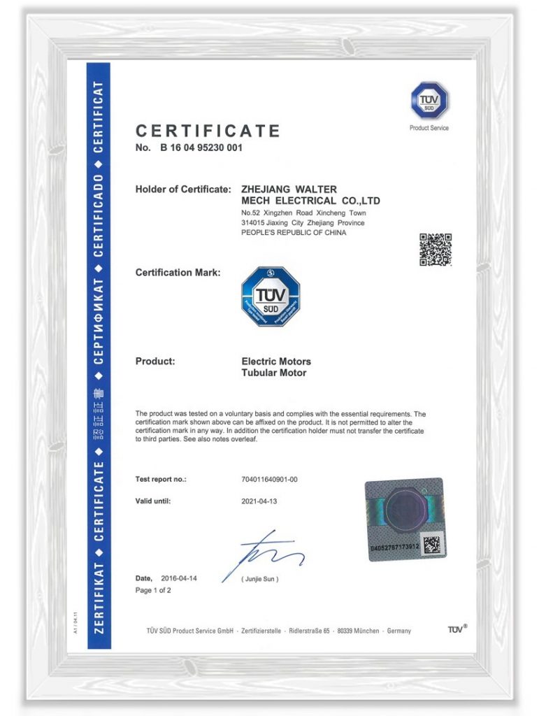 Walter Tubular Motor German TUV Certificates