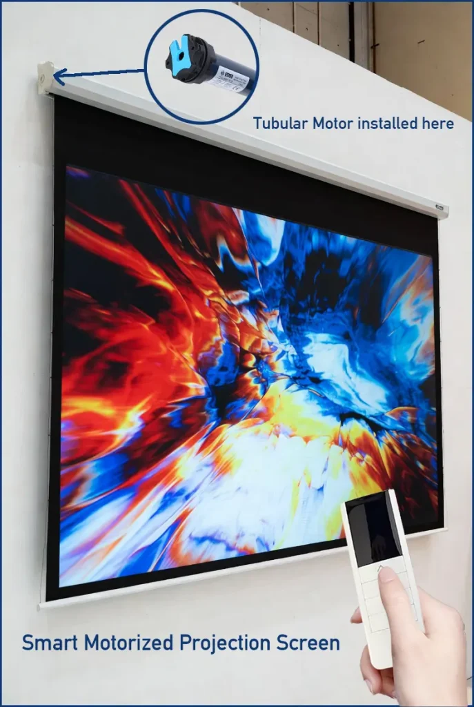 alt="motorized projection screen structure with built-in tubular motor inside roller tube"